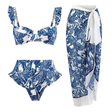 Women's Bikini Set with Beach Cover up Wrap Skirt Sarong Vintage Floral Print Brazilian Thong Two Piece Bathing Suit Blue