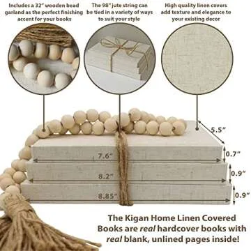 Kigan Home Linen Decorative Books, Set of 3 (Assorted Size Sandy Beige) - Neutral Fabric Books with Wooden Bead Garland for Boho Home Decor, Shelves, Fireplace Mantel, Coffee Table, Tiered Tray