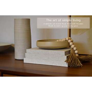Kigan Home Linen Decorative Books, Set of 3 (Assorted Size Sandy Beige) - Neutral Fabric Books with Wooden Bead Garland for Boho Home Decor, Shelves, Fireplace Mantel, Coffee Table, Tiered Tray