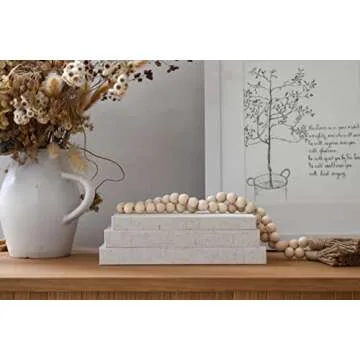 Kigan Home Linen Decorative Books, Set of 3 (Assorted Size Sandy Beige) - Neutral Fabric Books with Wooden Bead Garland for Boho Home Decor, Shelves, Fireplace Mantel, Coffee Table, Tiered Tray