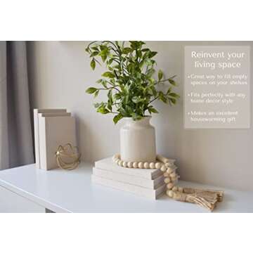 Kigan Home Linen Decorative Books, Set of 3 (Assorted Size Sandy Beige) - Neutral Fabric Books with Wooden Bead Garland for Boho Home Decor, Shelves, Fireplace Mantel, Coffee Table, Tiered Tray