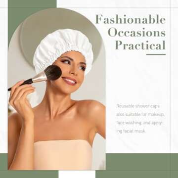 Reusable Shower Cap for Women, Large Waterproof Shower Bonnet Washable Elastic Band Bath Hair Hat fo...