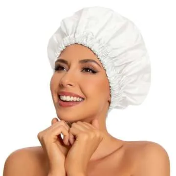 Reusable Shower Cap for Women, Large Waterproof Shower Bonnet Washable Elastic Band Bath Hair Hat for Long Hair, Braids(White)