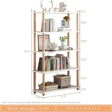 IOTXY 5-Tier Wooden Shelf Bookcase - Modern Open Bookshelf, Free Standing Storage Rack, Multifunctio...