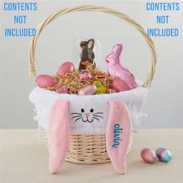 Personalization Universe Hand-Woven Easter Basket with Customized Bunny Liner - Perfect for Egg Hunt...