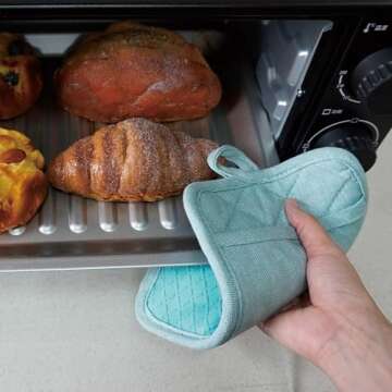 Pot Holders Yarn-Dyed Set of 3 Non Slip Silicone Kitchen Lines Heat Resistant 500℉ Kitchen Gloves BBQ Cooking Baking Cooking Barbecue Microwave Machine Washable (Light Blue Potholders)