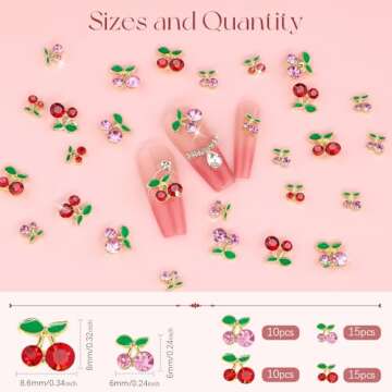 50Pcs 2 Sizes 3D Cherry Nail Charms, Pink + Red Shiny Cute Fruit Luxury Gems, Crystal Diamond Jewels...