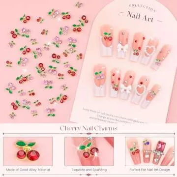 50Pcs 2 Sizes 3D Cherry Nail Charms, Pink + Red Shiny Cute Fruit Luxury Gems, Crystal Diamond Jewels Studs with Rhinestones for Nail Design, Nail Art Decoration Set for Acrylic Nails