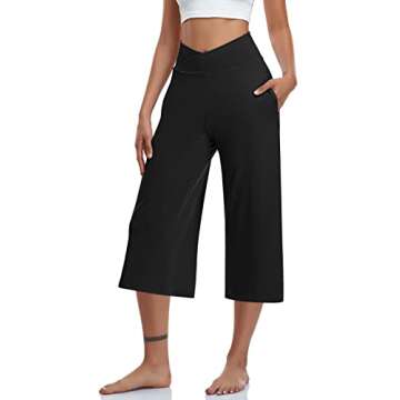 TARSE Women's Casual Wide Leg Yoga Capris Plus Size Crossover High Waist Pants