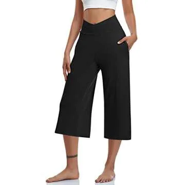 TARSE Women's Casual Wide Leg Yoga Capris Plus Size Crossover High Waist Pants