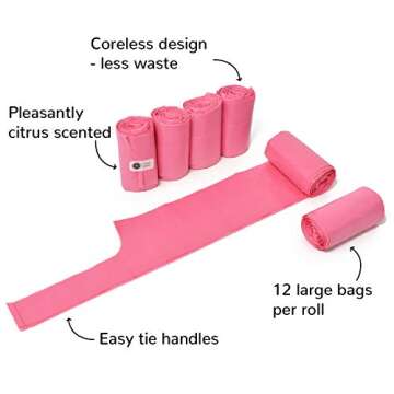 Doggie Walk Bags Large Dog Poop Bags on a Roll with Easy Tie Handles, Strong and Leak Proof Doggy Waste Bags, 72 Count, Pink Scented