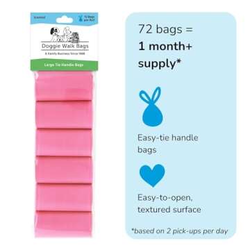 Doggie Walk Bags Large Dog Poop Bags on a Roll with Easy Tie Handles, Strong and Leak Proof Doggy Waste Bags, 72 Count, Pink Scented