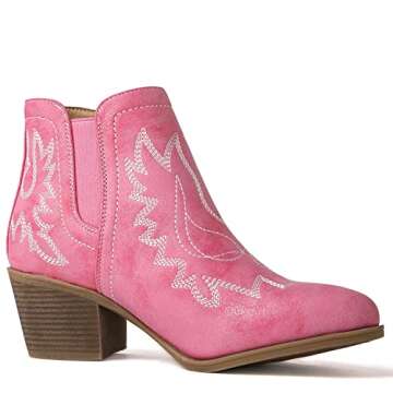 GLOBALWIN Women's Pink Cowboy Boots Western Style Comfortable Pull On Short Ankle Cowgirl Boots For Women Low Heel Size 8M