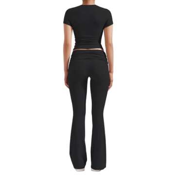 YETOWA Women's 2 Piece Lounge Outfits with Slim Short Sleeve Tops and Low Rise Flare Leggings Sets V...