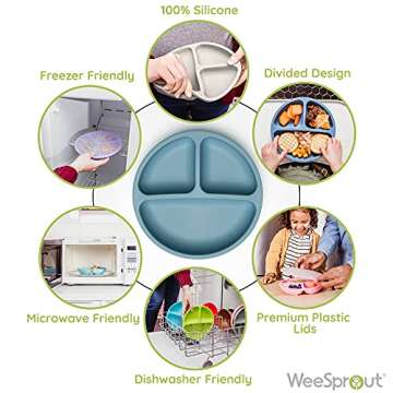 WeeSprout Silicone Plates with Lids for Babies & Toddlers (3 Pack) 100% Food-Grade Dishes for Self F...