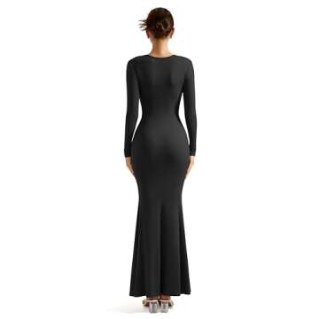 SUUKSESS Women Ribbed Maxi Long Sleeve Dress Square Neck Sexy Bodycon Dresses (Black,L)