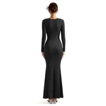SUUKSESS Women Ribbed Maxi Long Sleeve Dress Square Neck Sexy Bodycon Dresses (Black,L)