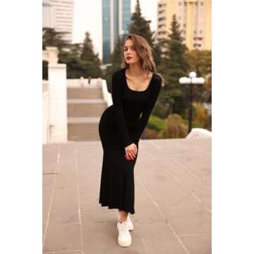 SUUKSESS Women Ribbed Maxi Long Sleeve Dress Square Neck Sexy Bodycon Dresses (Black,L)