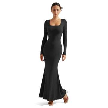 SUUKSESS Women Ribbed Maxi Long Sleeve Dress Square Neck Sexy Bodycon Dresses (Black,L)