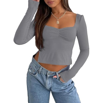 Trendy Queen Womens Long Sleeve Going Out Crop Tops Sweetheart Neck Cute Y2k T Shirts Side Slit Tees...