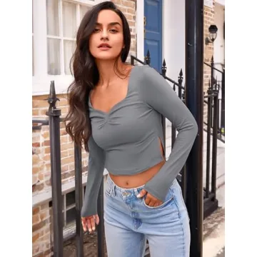 Trendy Queen Long Sleeve Crop Top Sweetheart Neck Style