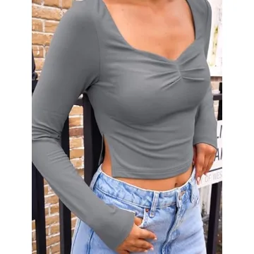 Trendy Queen Long Sleeve Crop Top Sweetheart Neck Style