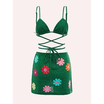 Verdusa Women's St Patrick's Day Outfits Floral Tie Backless Crop Top Cami and Split Side Skirt Set Dark Green S