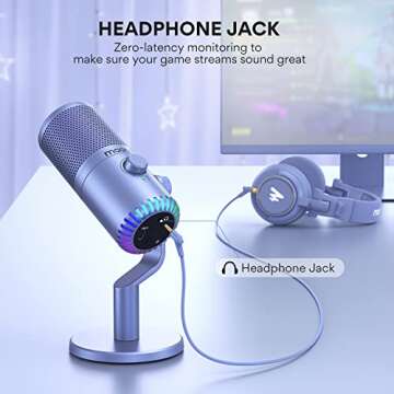 MAONO Gaming USB Microphone, Programmable Condenser Mic with RGB Lights, Mute, Gain, Zero Latency Monitoring, Volume for Streaming, Podcasting, Twitch, YouTube, Computer, PC, PS4, PS5, DM30