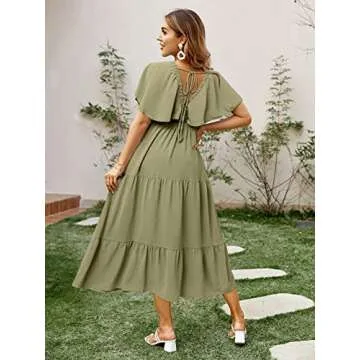 Amegoya Women's Bohemian Floral Printed V Neck Short Sleeve High Waist Beach Party Maxi Dress（S Olive Green）