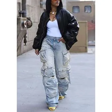 Lucuna Womens Cargo Pants Y2K High Waisted Baggy Jeans Flap Pocket Loose Denim Pants Streetwear