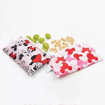 Bumkins Disney Reusable Snack Bags, for Kids School Lunch and for Adults Portion, Washable Fabric, Waterproof Cloth Zip Bag, Supplies Travel Pouch, Food-Safe, 2-pk Minnie Mouse Classic