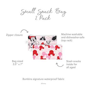 Bumkins Disney Reusable Snack Bags, for Kids School Lunch and for Adults Portion, Washable Fabric, Waterproof Cloth Zip Bag, Supplies Travel Pouch, Food-Safe, 2-pk Minnie Mouse Classic