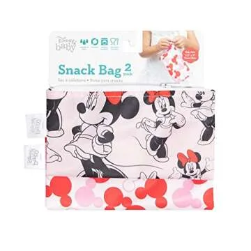 Bumkins Disney Reusable Snack Bags, for Kids School Lunch and for Adults Portion, Washable Fabric, Waterproof Cloth Zip Bag, Supplies Travel Pouch, Food-Safe, 2-pk Minnie Mouse Classic
