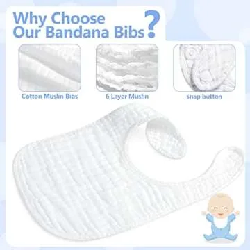Zhanmai 20 Pack Muslin Baby Bibs Adjustable White Drool Bandana Bibs 6 Absorbent Layers for Newborn Baby Girl Boy Feeding, Drooling and Teething, Machine Washable