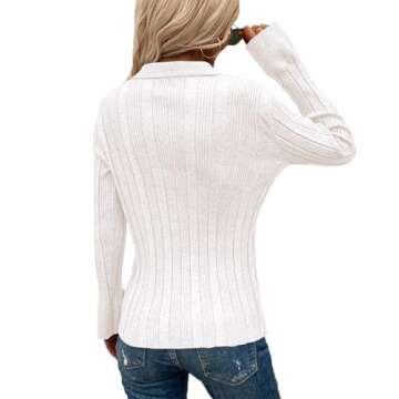 Rooscier Women's Collar Deep V Neck Button Front Long Sleeve Ribbed Sweater Shirt Top Solid White Small