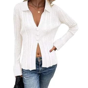 Rooscier Women's Collar Deep V Neck Button Front Long Sleeve Ribbed Sweater Shirt Top Solid White Small