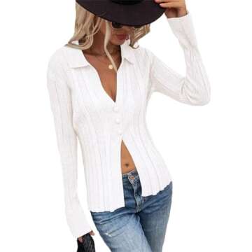 Rooscier Women's Collar Deep V Neck Button Front Long Sleeve Ribbed Sweater Shirt Top Solid White Small
