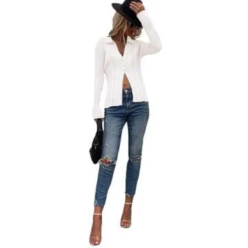 Rooscier Women's Collar Deep V Neck Button Front Long Sleeve Ribbed Sweater Shirt Top Solid White Small