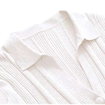 Rooscier Women's Collar Deep V Neck Button Front Long Sleeve Ribbed Sweater Shirt Top Solid White Small