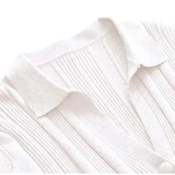 Rooscier Women's Collar Deep V Neck Button Front Long Sleeve Ribbed Sweater Shirt Top Solid White Small