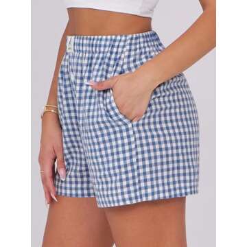 ANRABESS Shorts for Women Casual Summer Plaid Pajama Shorts Soft Elastic Gingham Lounge Sleep Boxers Bottoms Blue White Plaid Small