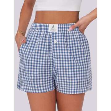 ANRABESS Shorts for Women Casual Summer Plaid Pajama Shorts Soft Elastic Gingham Lounge Sleep Boxers Bottoms Blue White Plaid Small