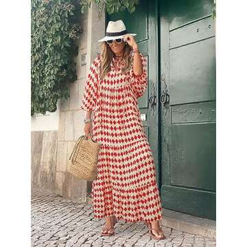 miduo Womens Maxi Dresses Fashion Ladies Autumn V Neck Short Half Sleeve Pattern Maternity Long Maxi...