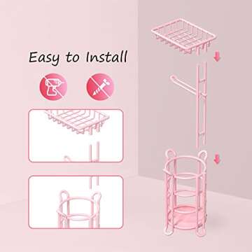 Pink Toilet Paper Holder Stand Tissue Holder for Bathroom Floor Standing Toilet Roll Dispenser Storage 4 Reserve Mega Rolls, Phone, Wipes