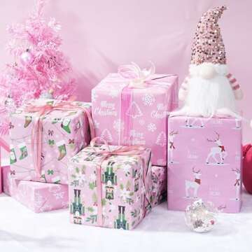 ZINTBIAL Festive Pink Xmas Wrapping Paper - Jumbo Sheets