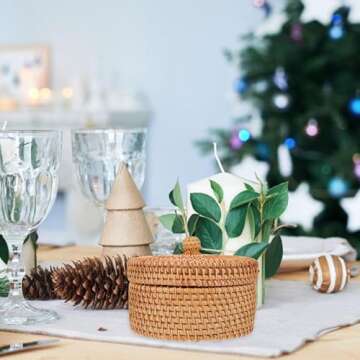 MAGICLULU 1pc Natural Rattan Desktop Storage Basket Round Rattan Woven Storage Basket Vintage Woven Storage Basket with Lid for Home Kitchen Desk Storage