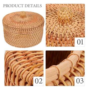 MAGICLULU 1pc Natural Rattan Desktop Storage Basket Round Rattan Woven Storage Basket Vintage Woven Storage Basket with Lid for Home Kitchen Desk Storage