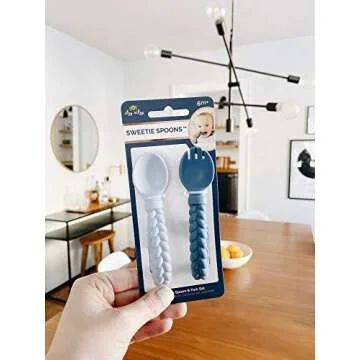 Itzy Ritzy Silicone Spoon & Fork Set; Baby Utensils Featuring a Baby Fork and Spoon with Looped, Braided Handles - Made of 100% Food Grade Silicone & BPA-Free - Ages 6 Months and Up (Blue)