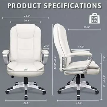 LEMBERI Office Desk Chair, Big and Tall Managerial Executive Chair, High Back Computer Chair, Ergonomic Adjustable Height PU Leather Chairs with Cushions Armrest for Long Time Sitting (White)