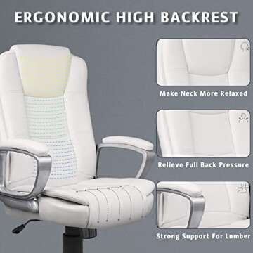 LEMBERI Office Desk Chair, Big and Tall Managerial Executive Chair, High Back Computer Chair, Ergonomic Adjustable Height PU Leather Chairs with Cushions Armrest for Long Time Sitting (White)